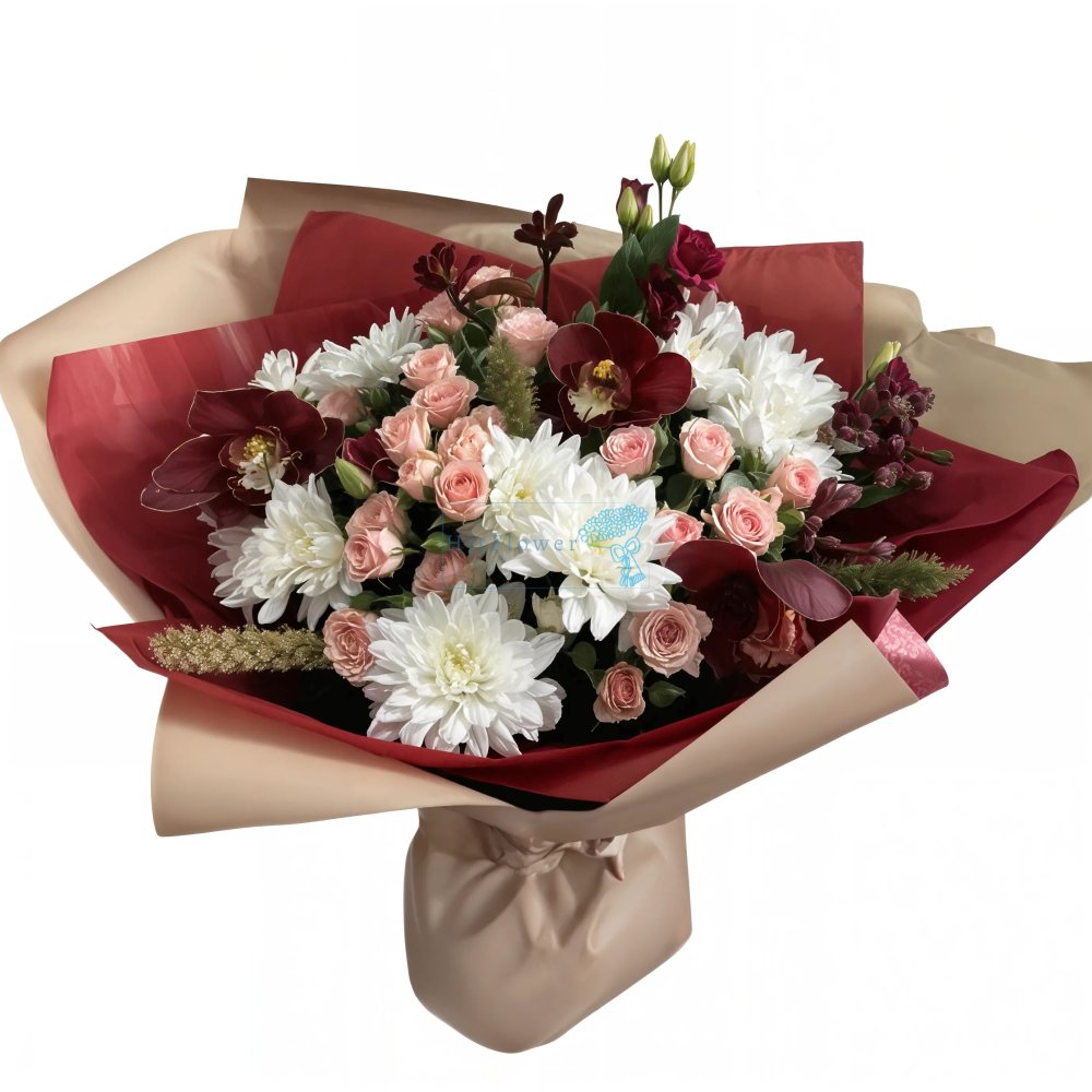 Букет цветов из: Хризантемы, Орхидеи и Розы